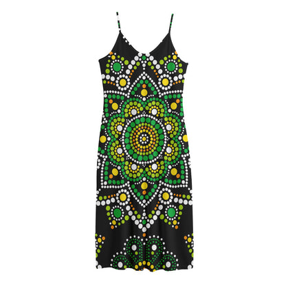 Green White Dot Mandala Print Jersey Midi Cami Dress
