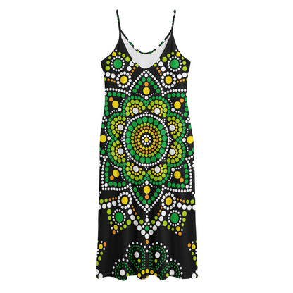 Green White Dot Mandala Print Jersey Midi Cami Dress