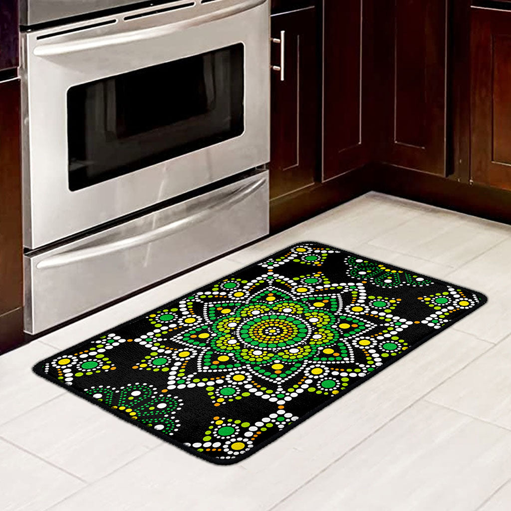 Green White Dot Mandala Print Kitchen Mat