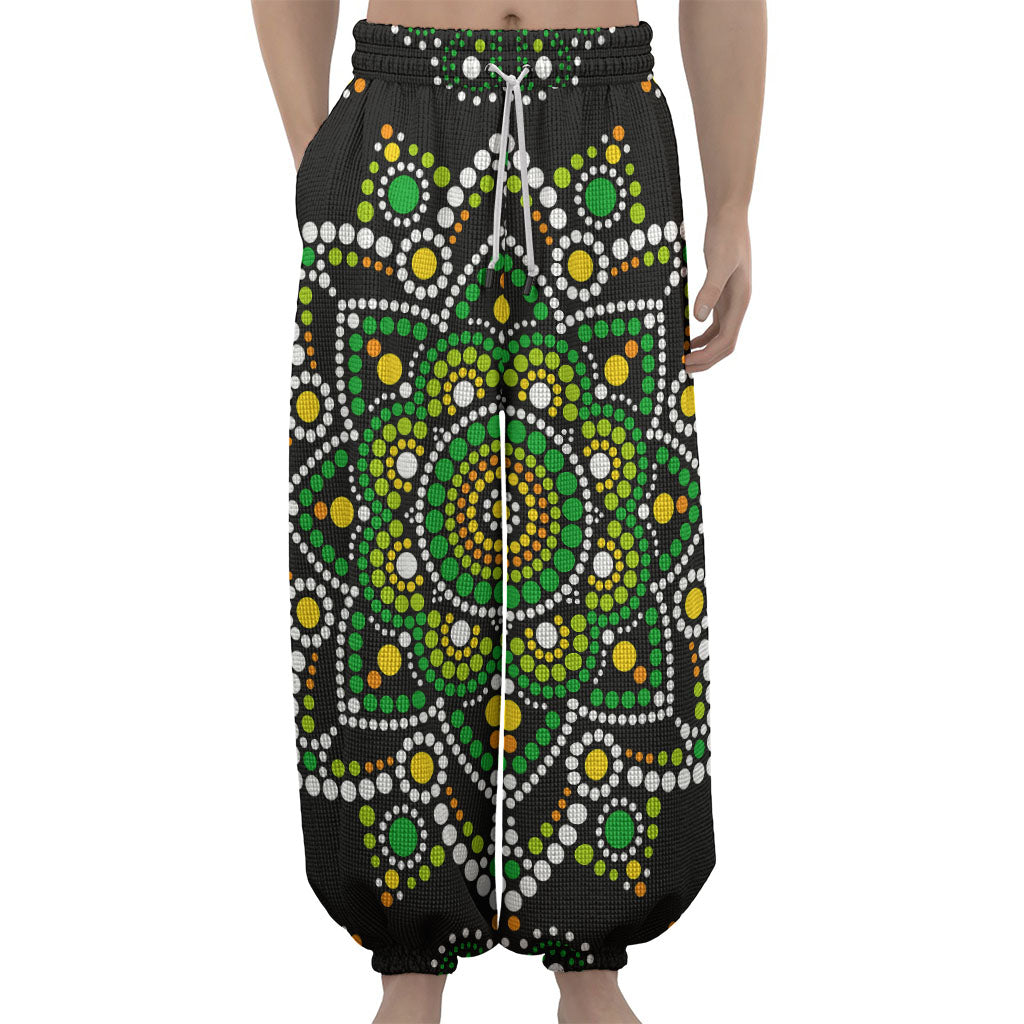 Green White Dot Mandala Print Lantern Pants