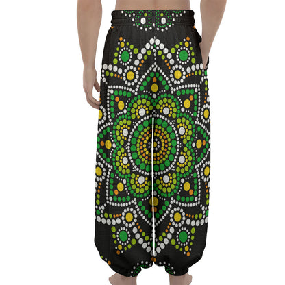 Green White Dot Mandala Print Lantern Pants