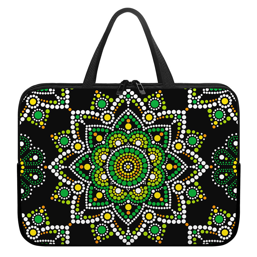 Green White Dot Mandala Print Laptop Sleeve With Handle