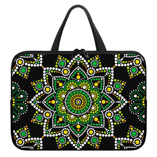 Green White Dot Mandala Print Laptop Sleeve With Handle