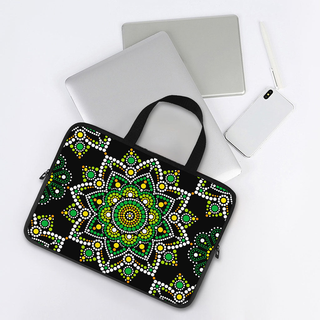 Green White Dot Mandala Print Laptop Sleeve With Handle