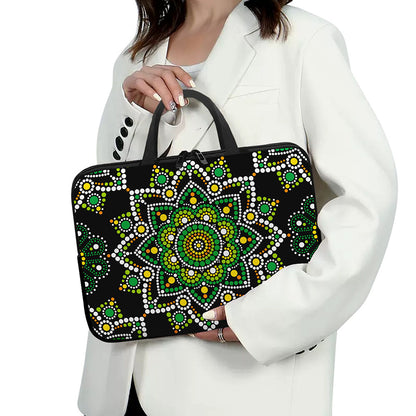 Green White Dot Mandala Print Laptop Sleeve With Handle
