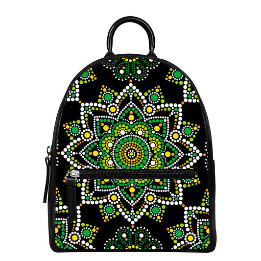 Green White Dot Mandala Print Leather Backpack