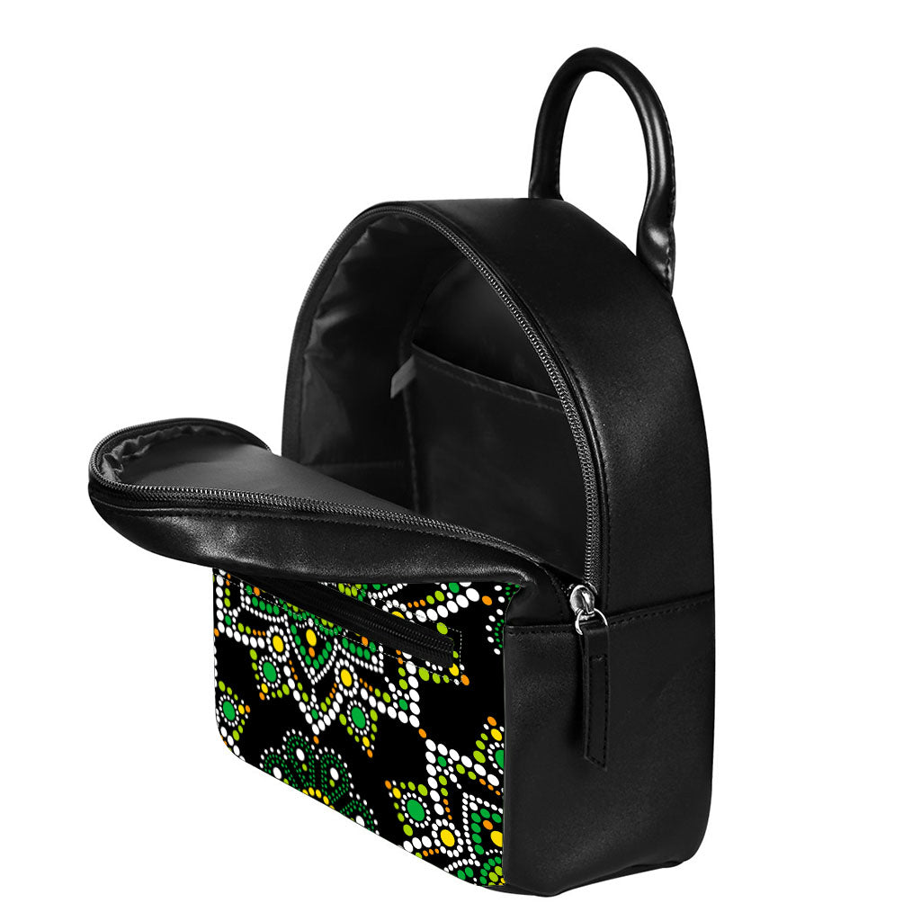 Green White Dot Mandala Print Leather Backpack