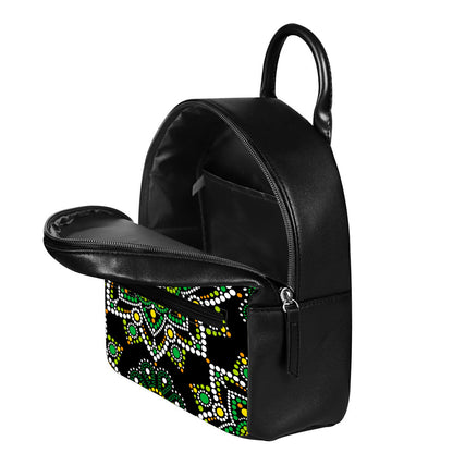 Green White Dot Mandala Print Leather Backpack
