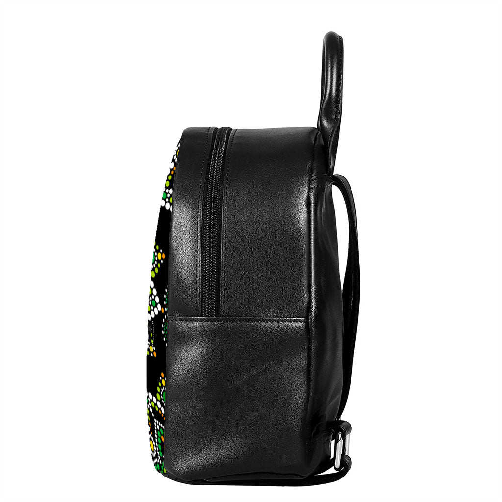 Green White Dot Mandala Print Leather Backpack