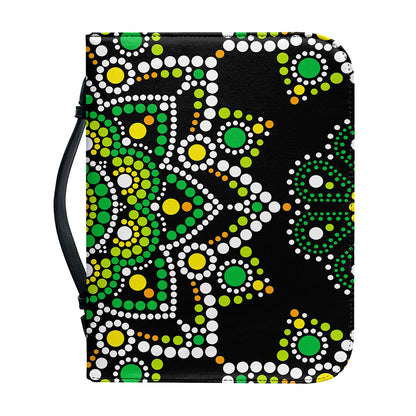Green White Dot Mandala Print Leather Bible Cover