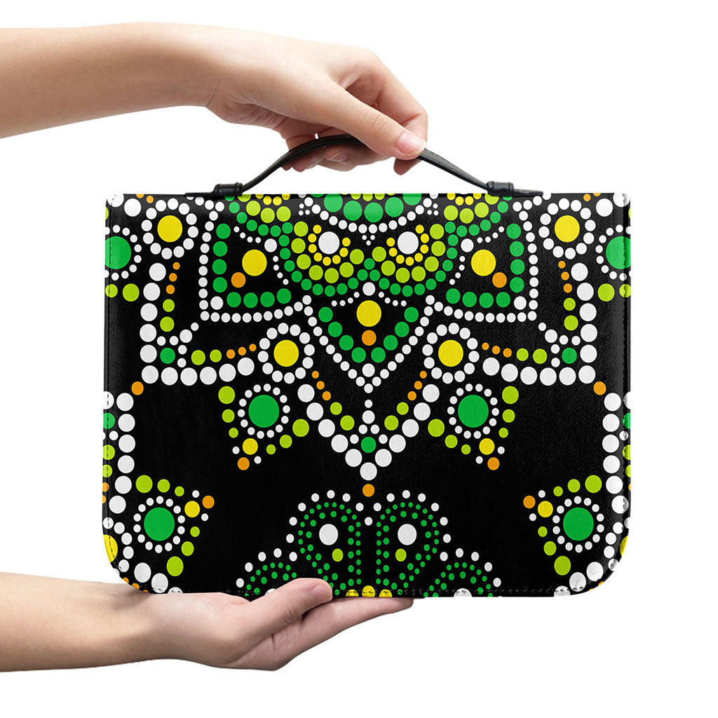Green White Dot Mandala Print Leather Bible Cover