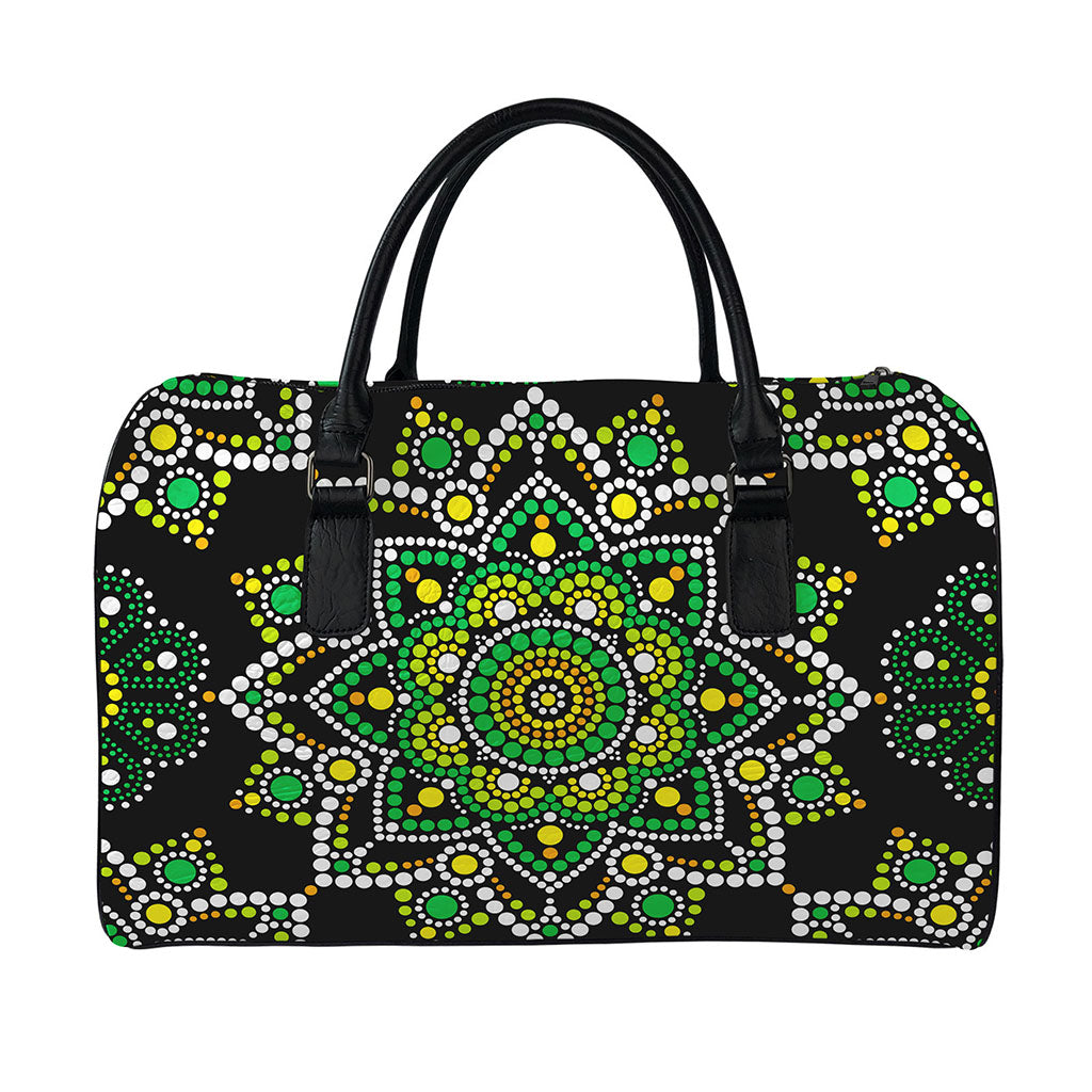 Green White Dot Mandala Print Leather Duffle Bag