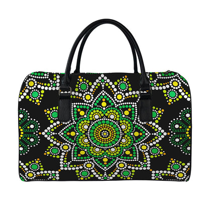 Green White Dot Mandala Print Leather Duffle Bag