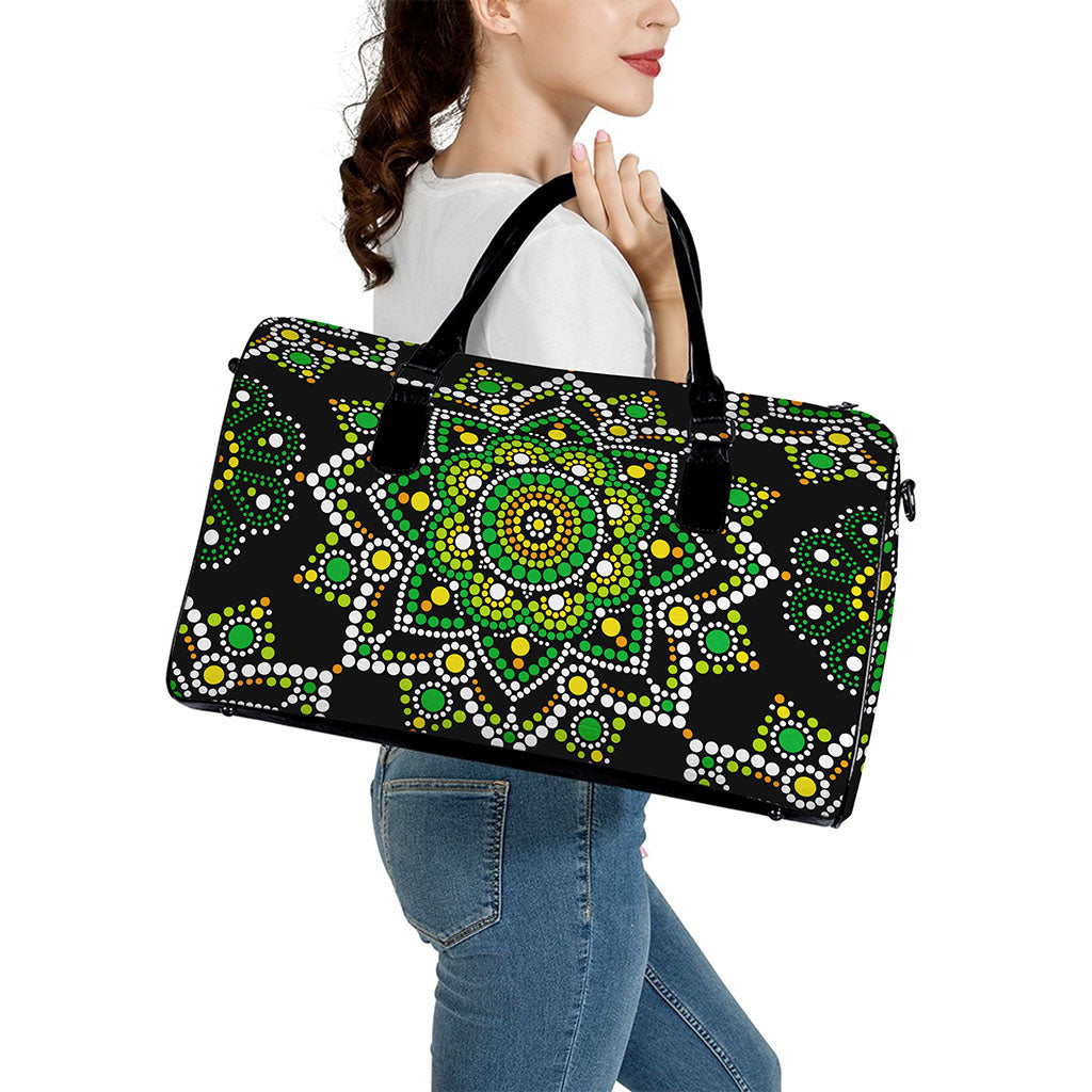 Green White Dot Mandala Print Leather Duffle Bag