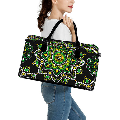 Green White Dot Mandala Print Leather Duffle Bag