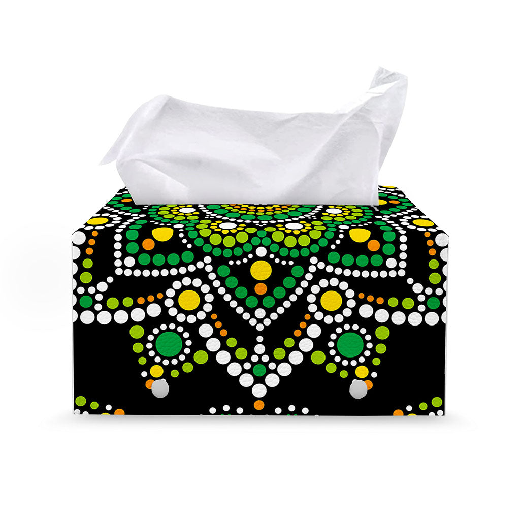Green White Dot Mandala Print Leather Tissue Box Cover
