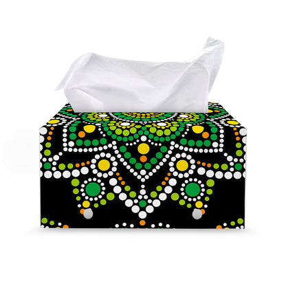 Green White Dot Mandala Print Leather Tissue Box Cover