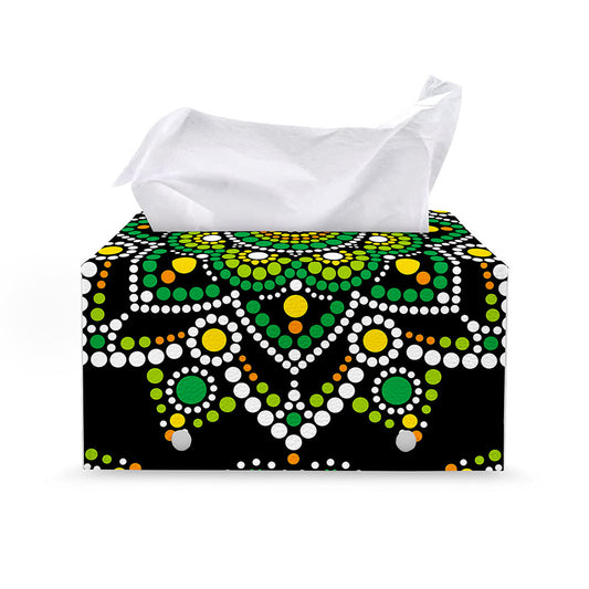 Green White Dot Mandala Print Leather Tissue Box Cover