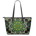 Green White Dot Mandala Print Leather Tote Bag With Zipper
