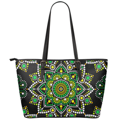 Green White Dot Mandala Print Leather Tote Bag