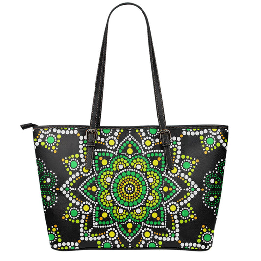Green White Dot Mandala Print Leather Tote Bag