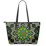 Green White Dot Mandala Print Leather Tote Bag