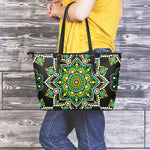 Green White Dot Mandala Print Leather Tote Bag