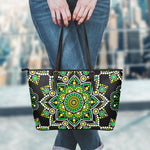 Green White Dot Mandala Print Leather Tote Bag