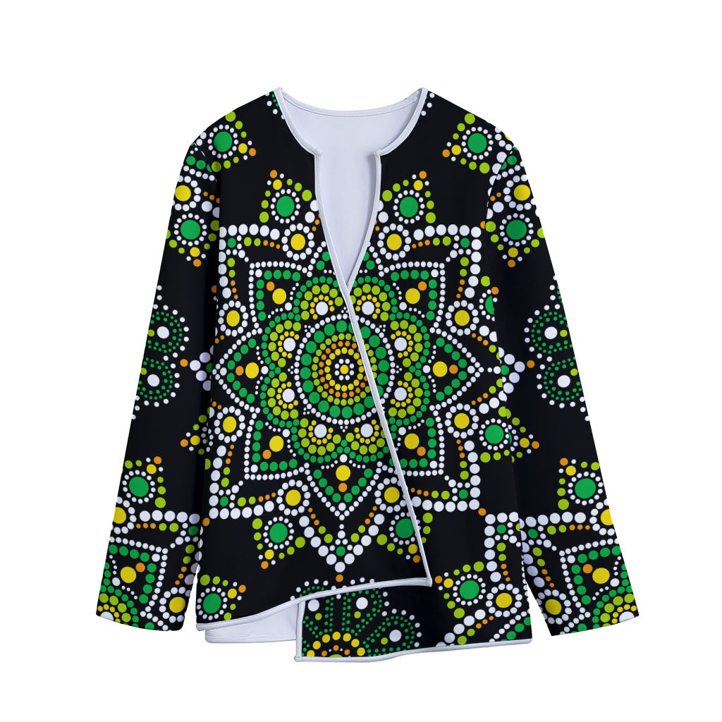 Green White Dot Mandala Print Long Sleeve Short Coat