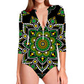 Green White Dot Mandala Print Long Sleeve Swimsuit