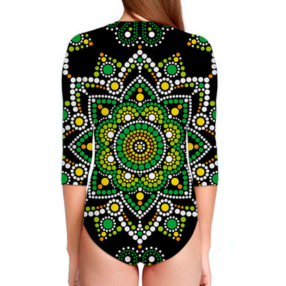 Green White Dot Mandala Print Long Sleeve Swimsuit