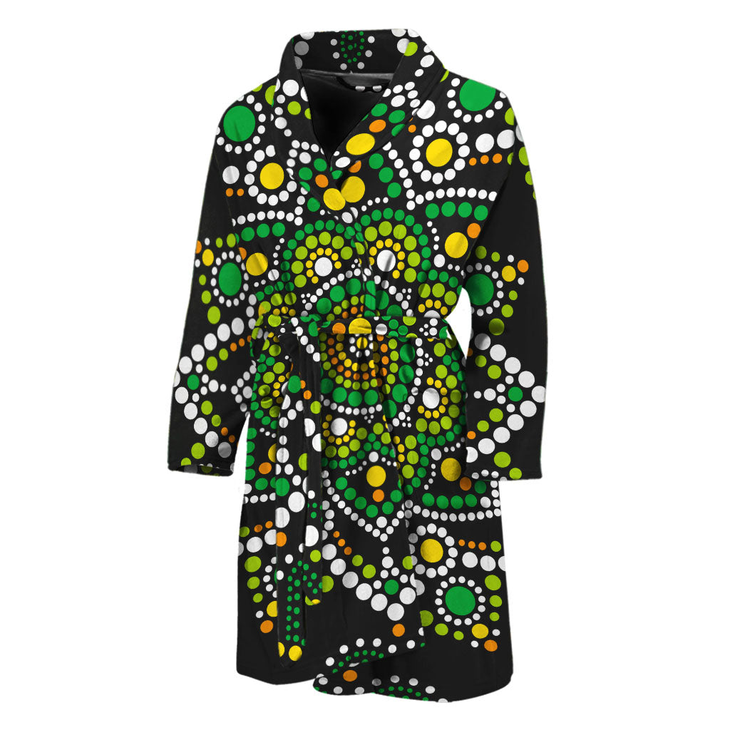 Green White Dot Mandala Print Men's Bathrobe