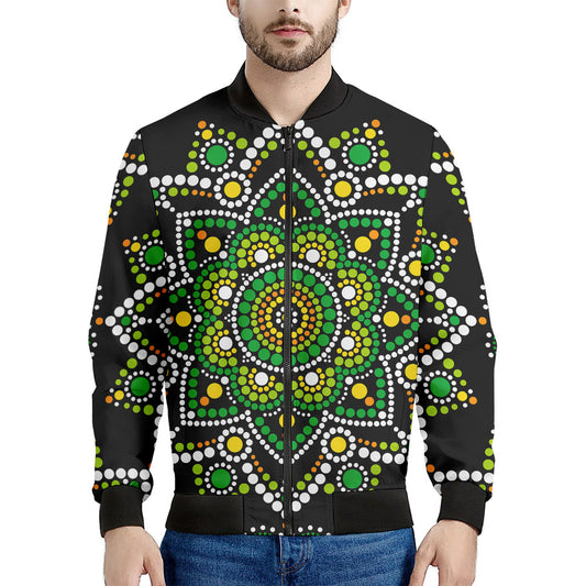 Green White Dot Mandala Print Men's Bomber Jacket