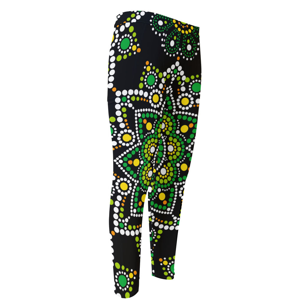 Green White Dot Mandala Print Men's Compression Pants