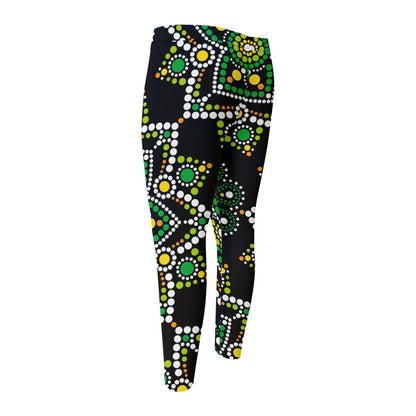Green White Dot Mandala Print Men's Compression Pants
