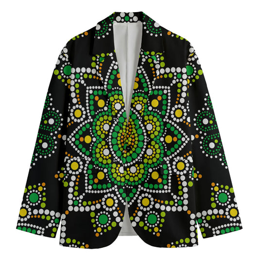 Green White Dot Mandala Print Men's Cotton Blazer