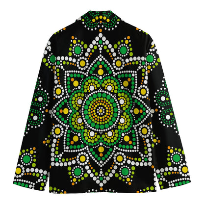 Green White Dot Mandala Print Men's Cotton Blazer