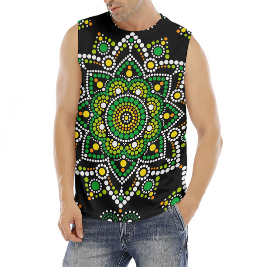 Green White Dot Mandala Print Men's Fitness Tank Top