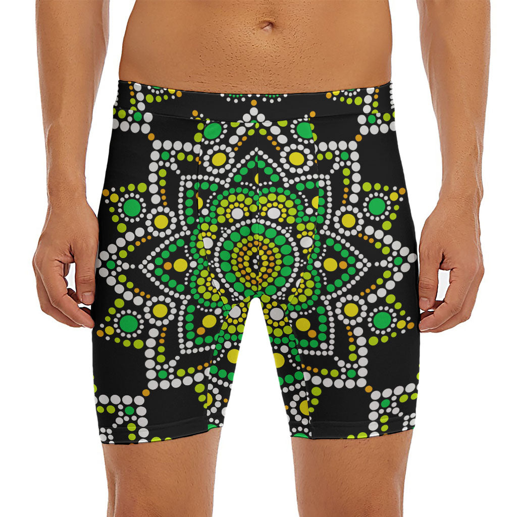 Green White Dot Mandala Print Men's Long Boxer Briefs