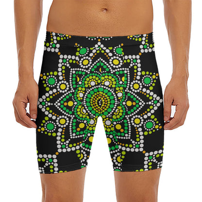 Green White Dot Mandala Print Men's Long Boxer Briefs