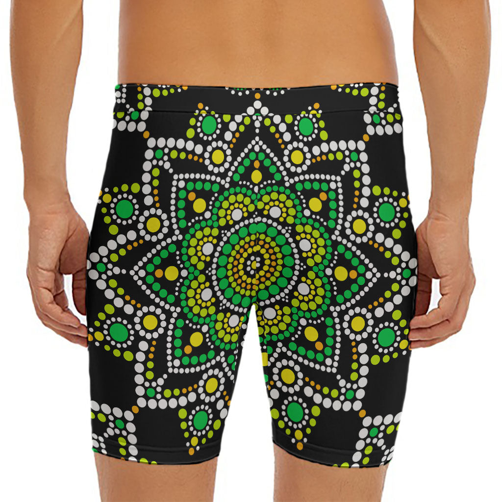 Green White Dot Mandala Print Men's Long Boxer Briefs