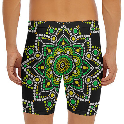 Green White Dot Mandala Print Men's Long Boxer Briefs