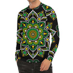 Green White Dot Mandala Print Men's Long Sleeve Rash Guard