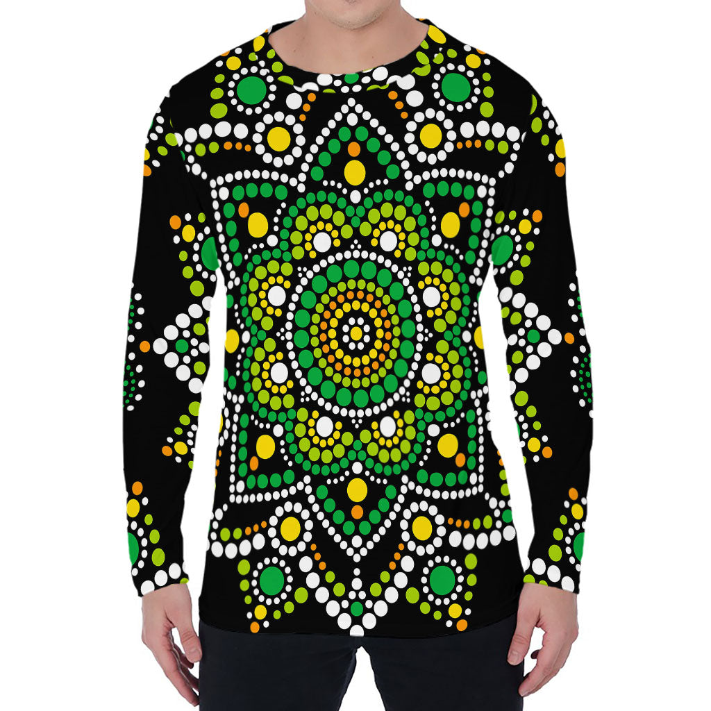 Green White Dot Mandala Print Men's Long Sleeve T-Shirt