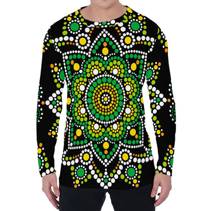 Green White Dot Mandala Print Men's Long Sleeve T-Shirt