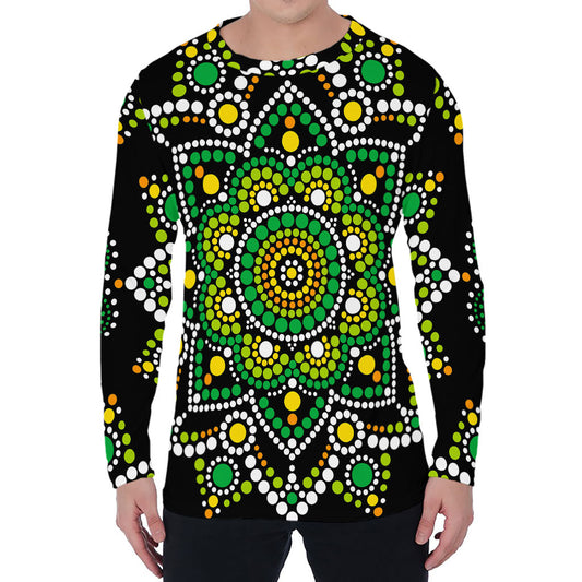 Green White Dot Mandala Print Men's Long Sleeve T-Shirt