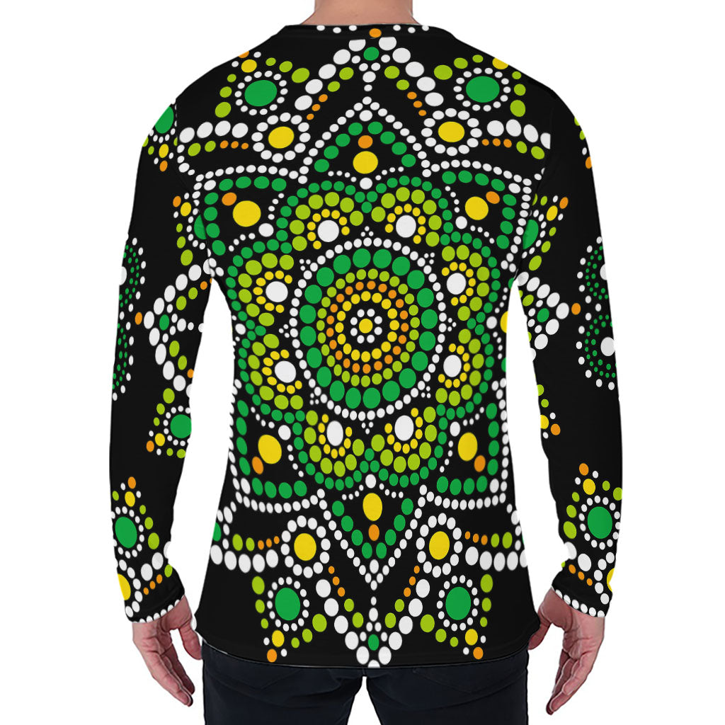 Green White Dot Mandala Print Men's Long Sleeve T-Shirt
