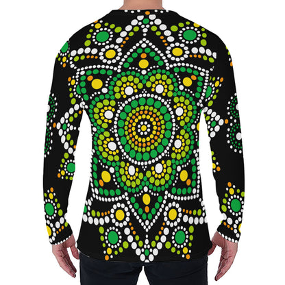 Green White Dot Mandala Print Men's Long Sleeve T-Shirt