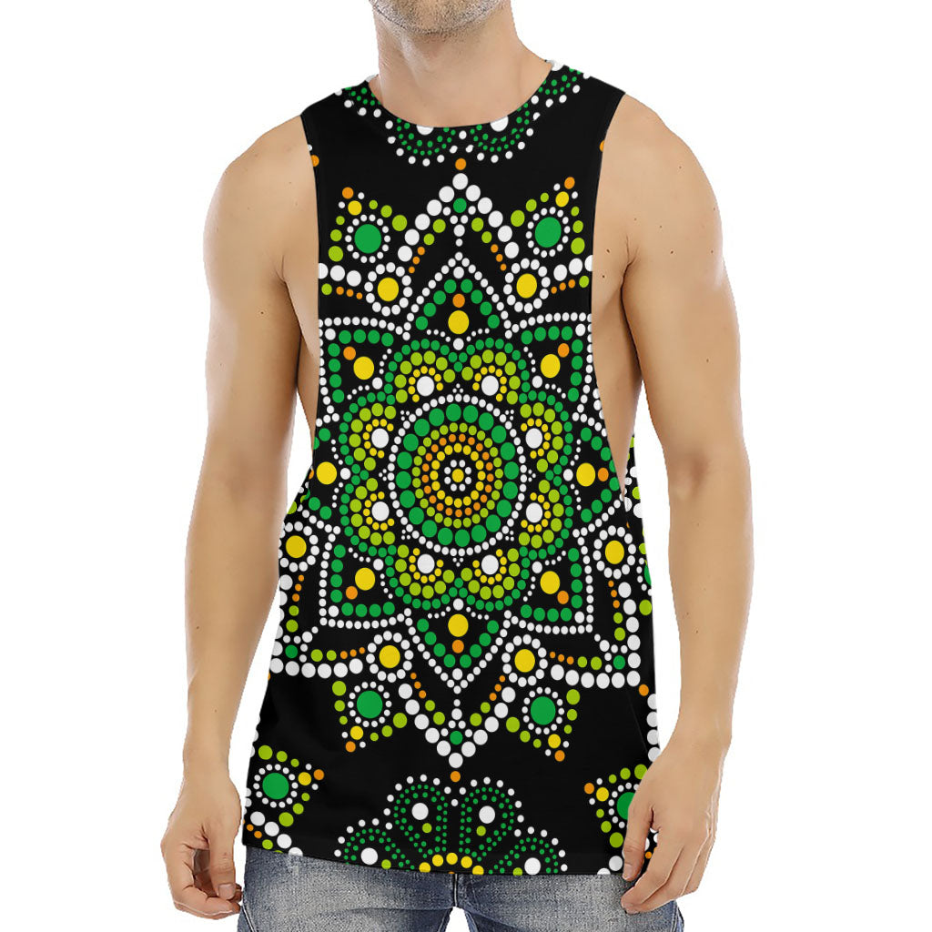 Green White Dot Mandala Print Men's Muscle Tank Top