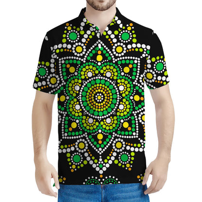 Green White Dot Mandala Print Men's Polo Shirt